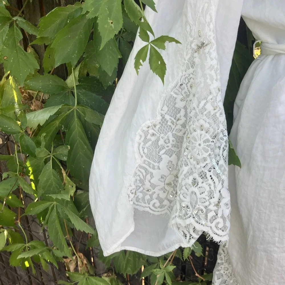 NWT Anthropologie Duster Kimono Lace Sparkle Embroidered‎ White Sz M/L Angelcore